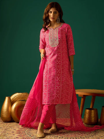 Kurta With Zari-Embroidered Yoke, Paired With Trousers And A Solid Lace-Detailed Dupatta